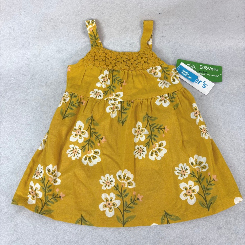 Carter's Yellow Floral Linen Blend Sun Dress Baby Girl 12M Cottagecore Summer
